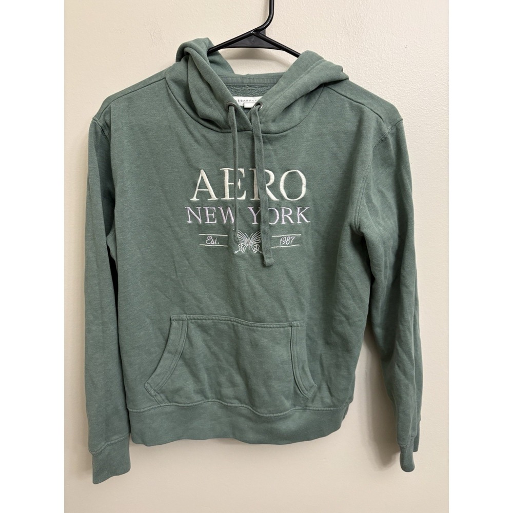 Vintage Aeropostale Y2K Hoodie Sage Green Embroidered Butterfly Spellout Small